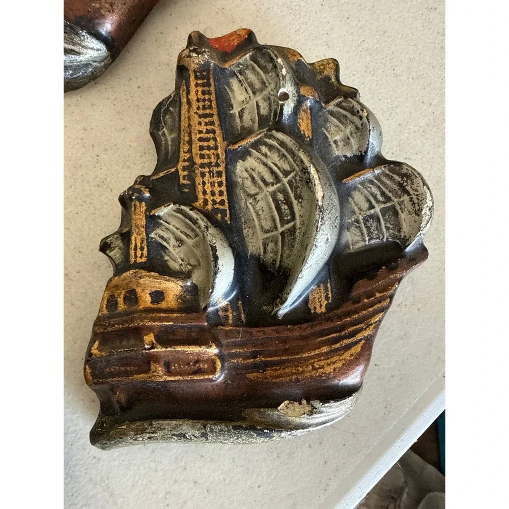 Vintage Nautical Pirate Ship Wall‎ Decor 3D Galleon Plaques Set of 3 Bronze Gold